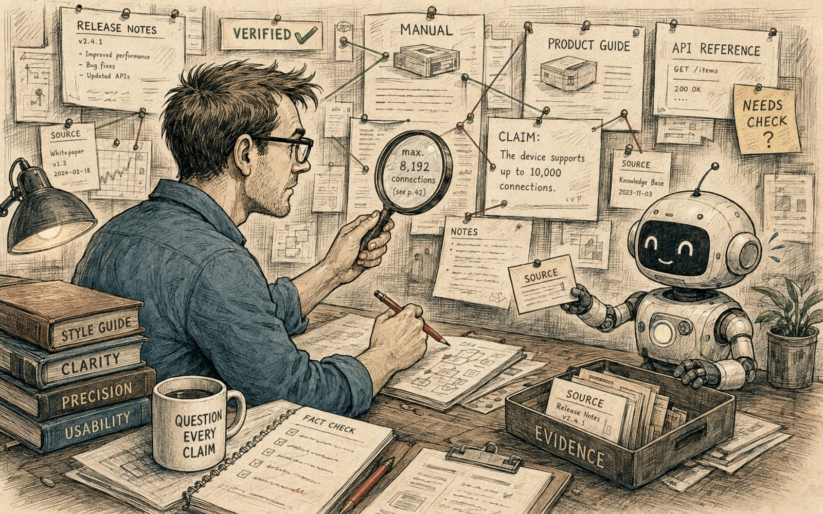 Editorial technical collage illustrating fact-check ai-assisted documentation before fluent mistakes ship.