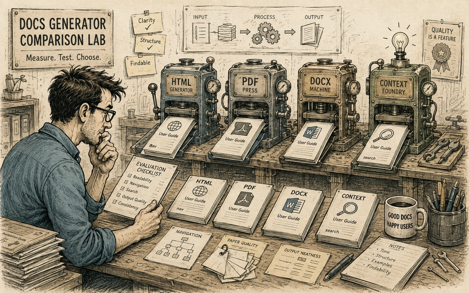 Editorial technical collage illustrating how to choose a documentation generator without choosing a religion.