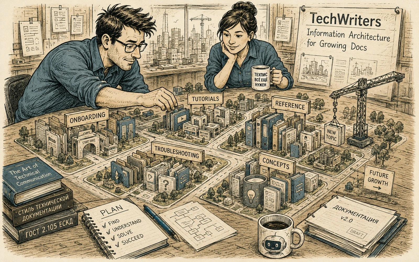 Technische redaktionelle Illustration zum Artikel: Gezieltes Üben für Technical Writer: die Arbeit trainieren, nicht Buzzwords.