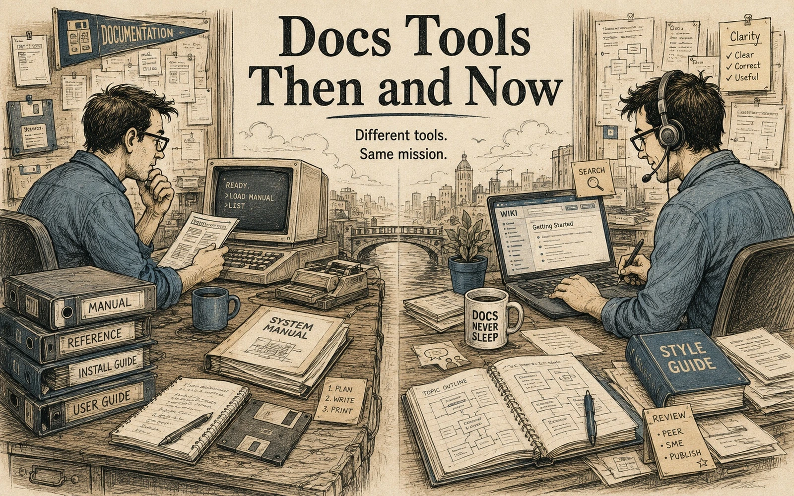 Editorial technical collage illustrating documentation tools then and now: what actually changed.