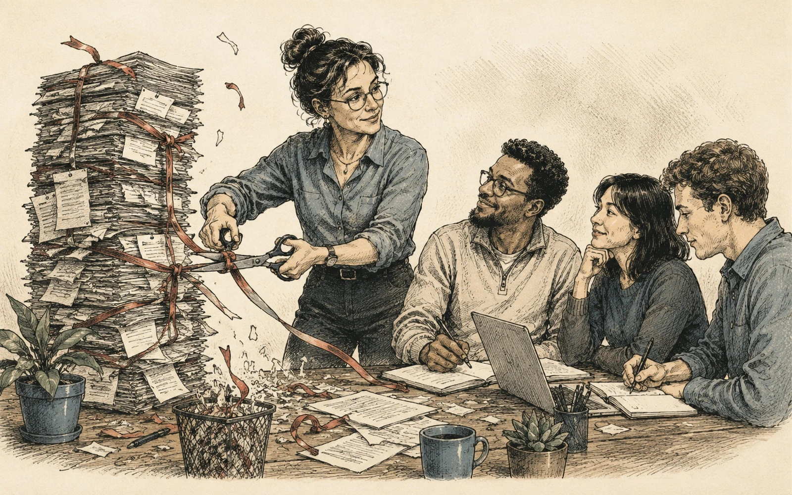 Ilustración editorial técnica para el artículo: Liderar documentación sin construir una burocracia.