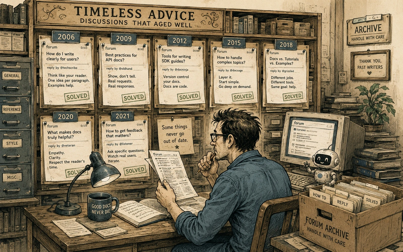 Editorial technical collage illustrating old documentation questions that aged surprisingly well.