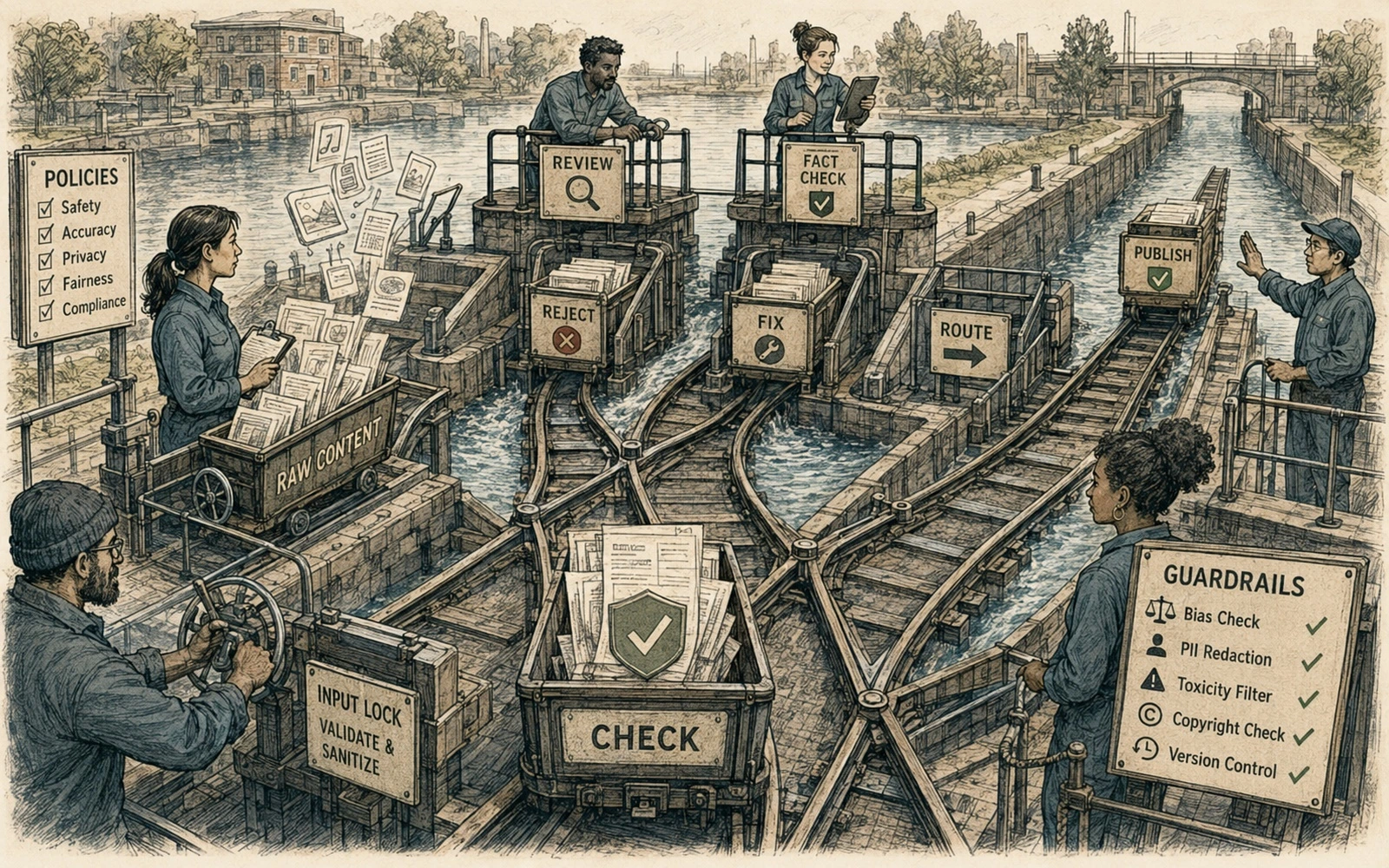 Editorial technical collage illustrating guardrails for an llm content pipeline that publishes technical docs.