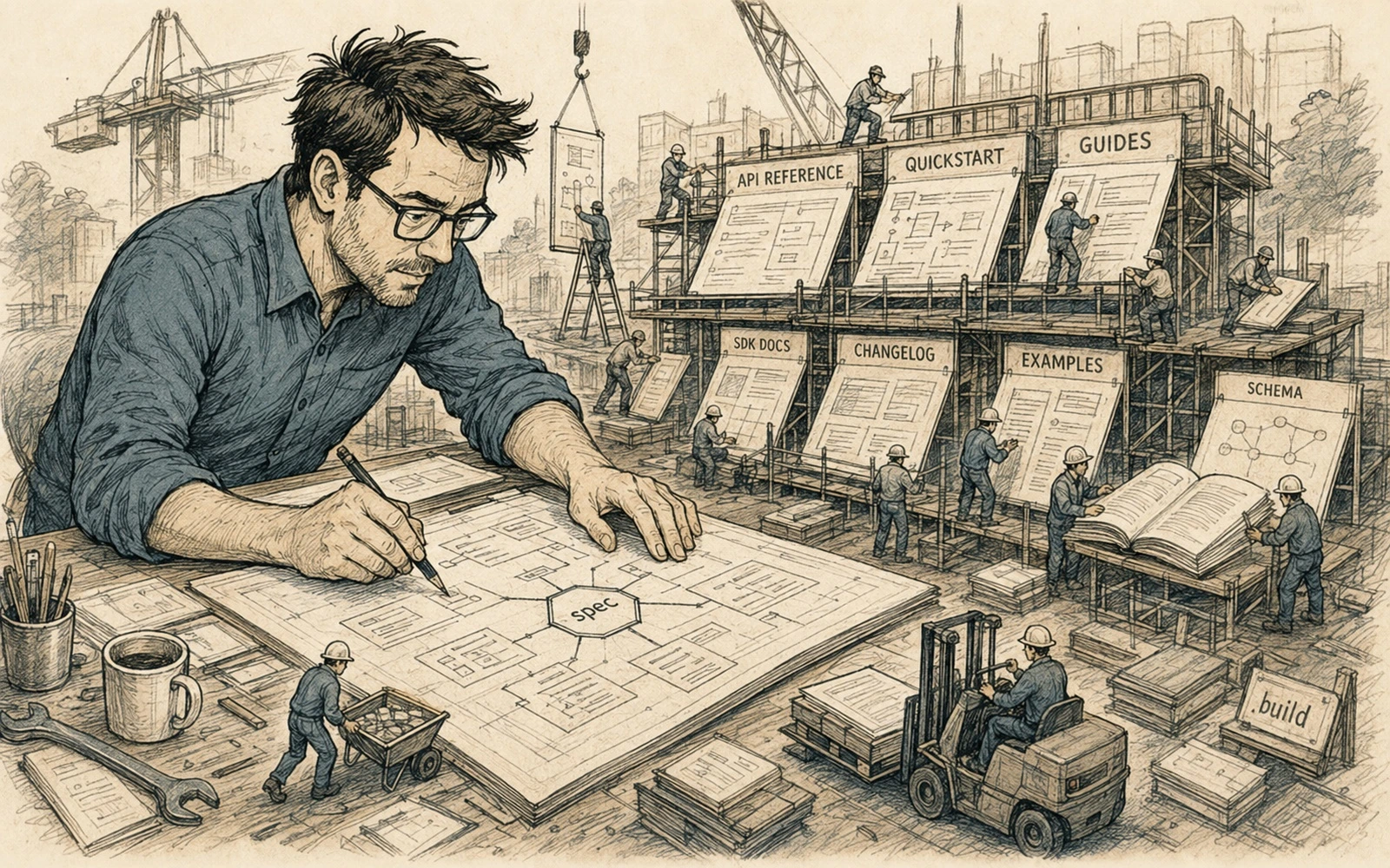 Technische redaktionelle Illustration zum Artikel: OpenAPI ist eine Wahrheitsquelle, aber nicht die gesamte API-Dokumentation.