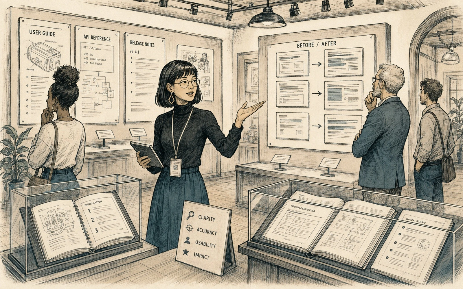 Technische redaktionelle Illustration zum Artikel: Ein Technical-Writing-Portfolio sollte Entscheidungen zeigen, nicht nur Seiten.
