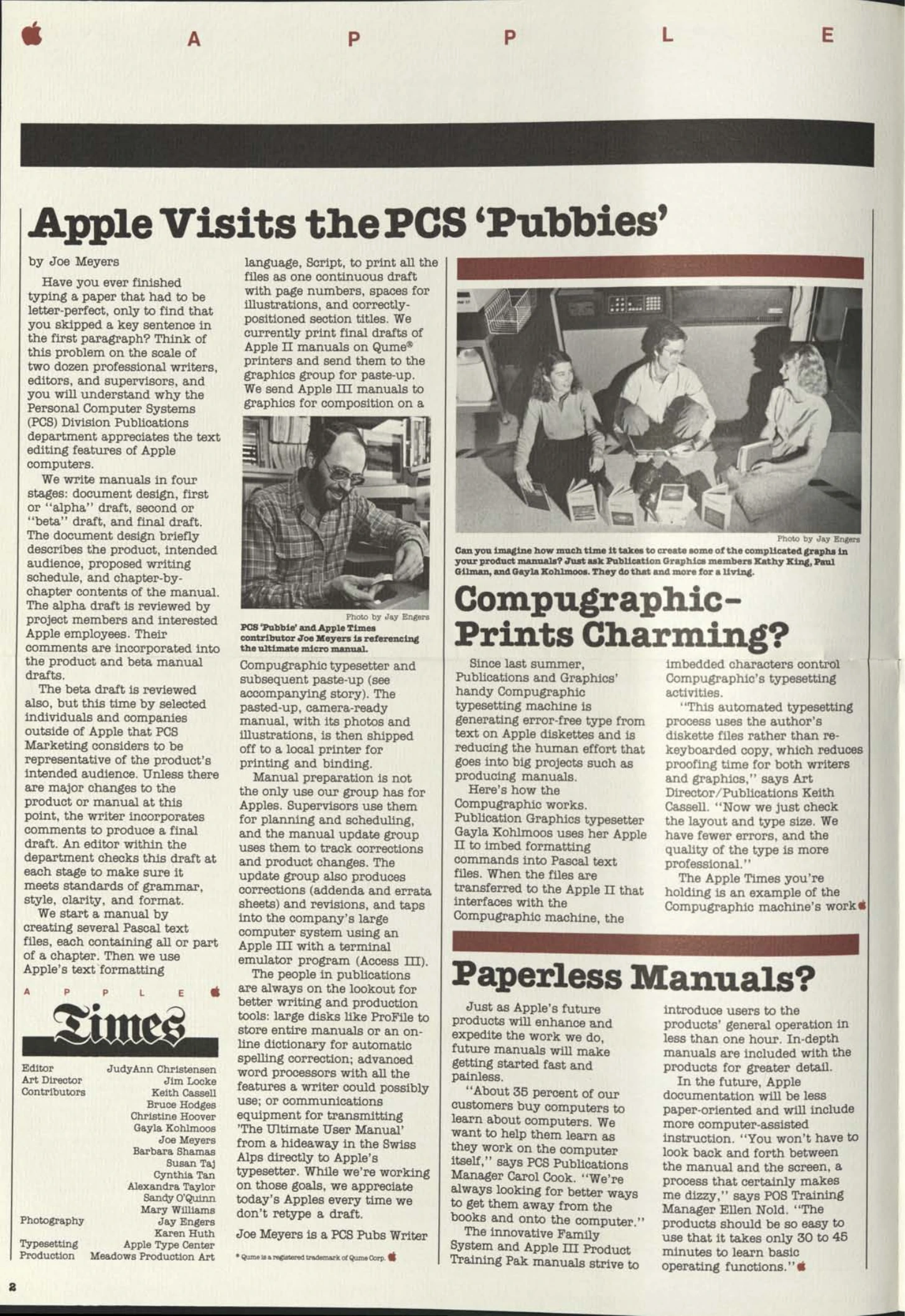 Apple Times, April 1982. Apple’s internal Publications story describes four manual stages, Pascal files, Script, Qume, Compugraphic, manual paste-up and “paperless manuals.”