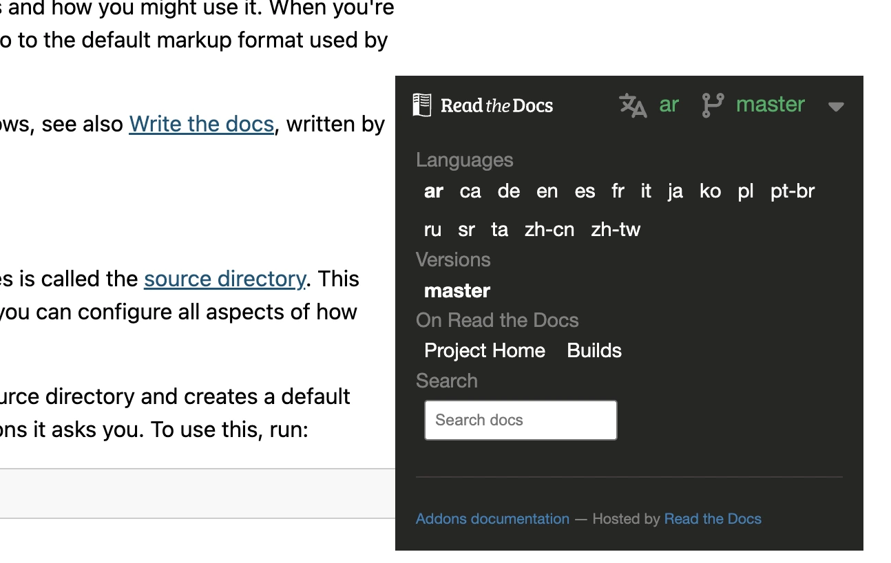 The Read the Docs language and master-version menu on a Sphinx documentation page