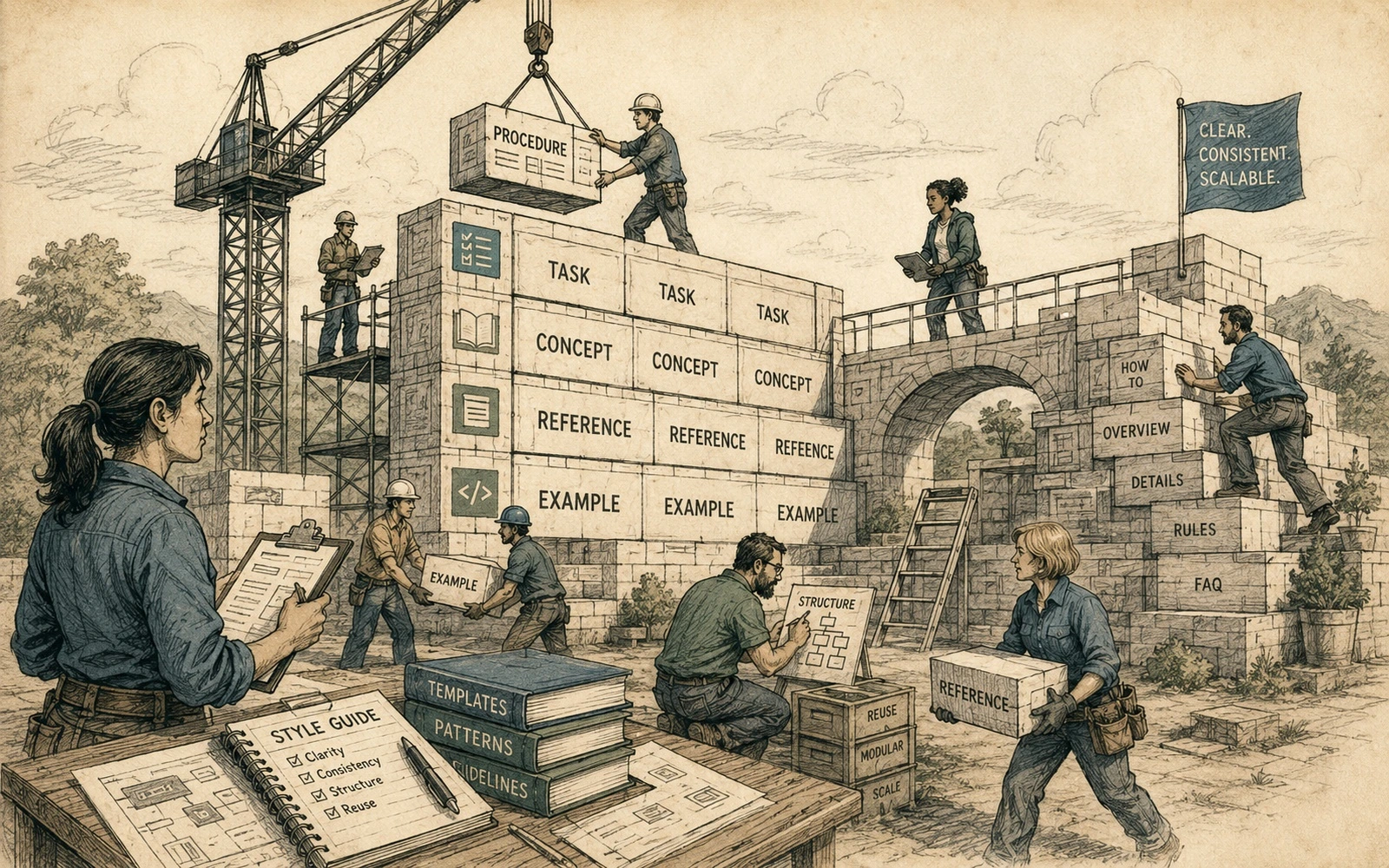Editorial technical collage illustrating structured writing rules that still work when hundreds of people contribute.